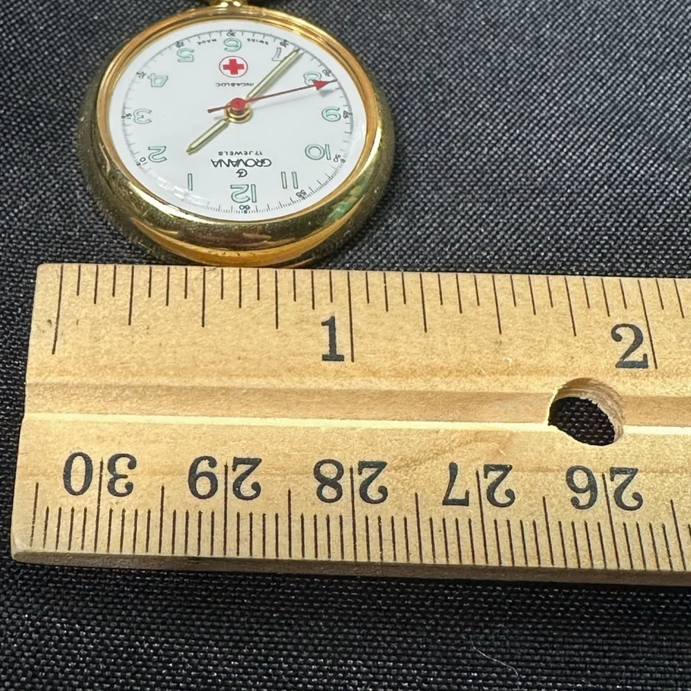 Vintage Grovana Swiss Nurse Fob Watch Brooch Gold Tone White Dial Incabloc Pin